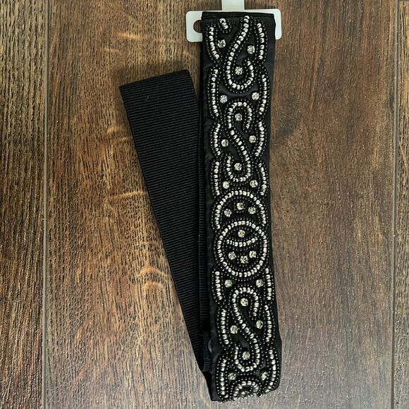 Loft Black Rhinestone Stretchy Belt Back Snap Closure Boho Minimalist - Picture 2 of 15